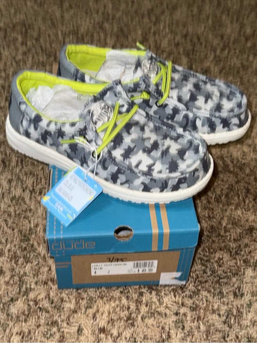 HEY DUDE Wally Youth Size 4 Blue Camodino Comfort Slide Loafer Shoes Sneakers